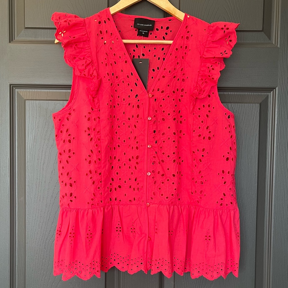 NWT LIV Los Angeles Pink Eyelet Ruffle Top XL